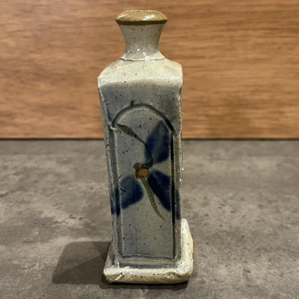 Vintage Studio Pottery Slab Bud Vase Hand Painted Floral Square Bottle MCM Art